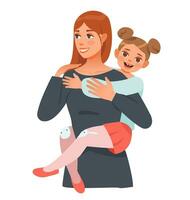 Mother and daughter hug. Happy mom and girl child embracing. Cartoon vector illustration.