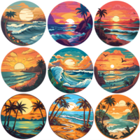 Beach illustration sticker pack, round stick pack, beach illustrations png