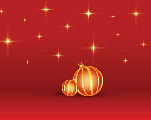 Christmas background with shining stars, confetti, garland and colorful balls. New year and Christmas vector card illustration on red background