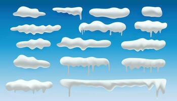 Snow 3d vector realistic set. Snowdrifts and icicles, winter. Christmas decorations