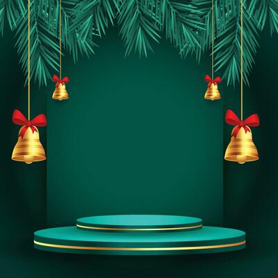 Merry Christmas banner with product display cylindrical shape and christmas tree paper cut style