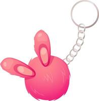 Bright pink keychain in the form of fluffy ball with ears. Bunny keychain for girls and dolls. Vector illustration in cartoon style, garish vector