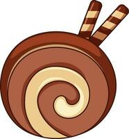 Vector image of a piece of sweet chocolate roll with candy sticks. Roll, biscuit cake on transparent background