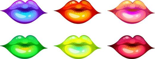 conjunto de brillante jugoso labios en ácido colores. labios con retro onda, lápiz labial de el años 80, años 90, 00s en transparente antecedentes. vector ilustración en dibujos animados estilo, llamativo vector