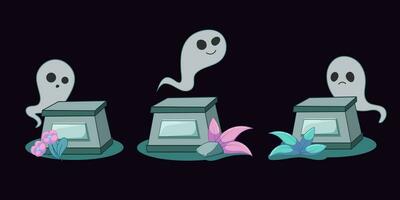 Vector image of set cartoon ghost near tombstone. Vector image of ghost with grave. Halloween, day of the dead, scary for kids