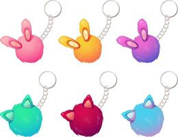 Set of key chains in the form of fluffy ball with ears. Bunny keychain, cat keychain for girls and dolls. Vector illustration in cartoon style, garish vector