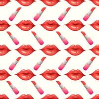 Seamless pattern with red lips and lipstick on white background. Kiss, love pattern. Vector illustration in cartoon style, garish vector