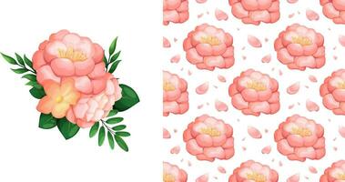 Set of beautiful pink peony and romantic pattern with flowers and petals for printing on fabric, clothing, goods. Vector illustration in cartoon style, garish vector