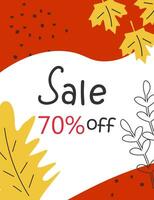 Bright banner for autumn sale with maple leaves. 70 percent discount. Vector illustration.