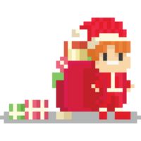 pixel art enfant Père Noël avec énorme présent sac à dos png