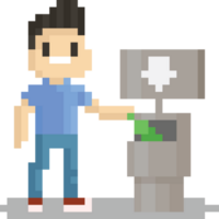 Pixel art man drop his bottle to recycle bin png