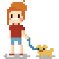 Pixel art woman walking with dog character png