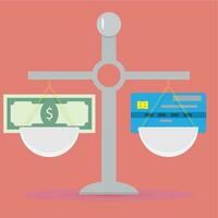 Cash and non-cash scale. Payment credit card and cash banknote. Vector illustration