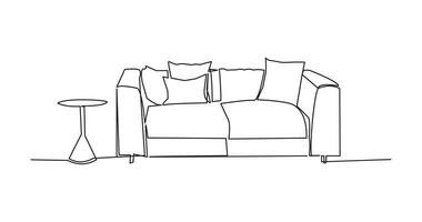 Continuous one line drawing of sofa and table. Vector illustration