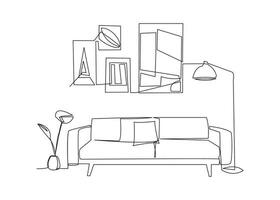 Continuous line interior with sofa, plant, lamp and abstract posters. Living room with modern furniture. Vector illustration