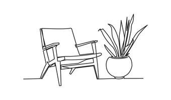 Continuous one line drawing of armchair and with potted plant. Scandinavian stylish furniture in simple linear style. Vector illustration