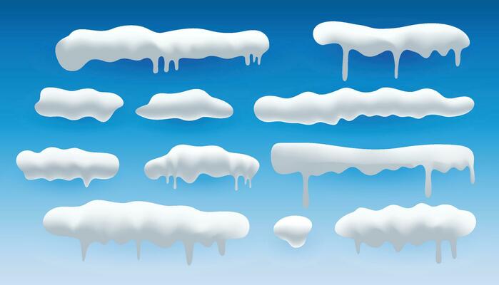 Snow 3d vector realistic set. Snowdrifts and icicles, winter. Christmas decorations