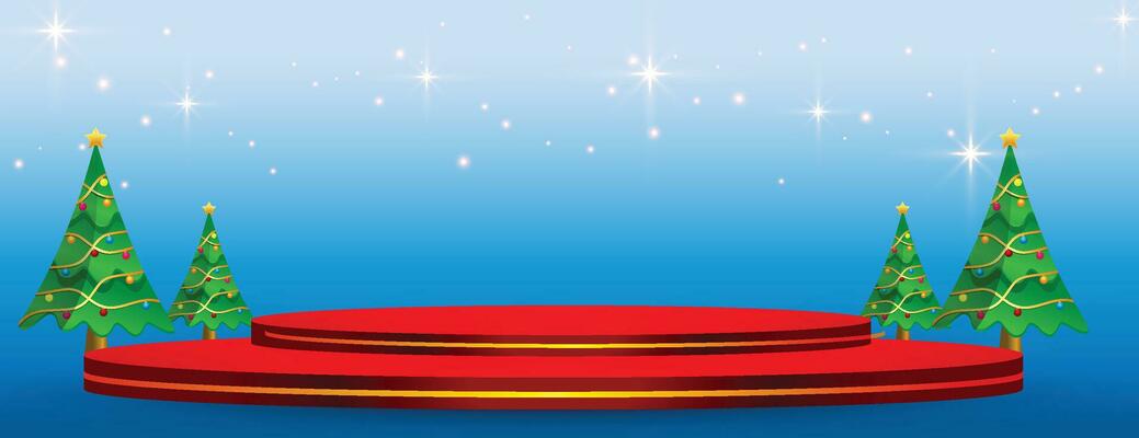 Merry Christmas banner with product display cylindrical shape and christmas tree paper cut style