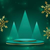 Merry Christmas banner with product display cylindrical shape and christmas tree paper cut style vector