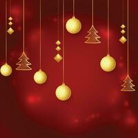 Christmas background with shining stars, confetti, garland and colorful balls. New year and Christmas vector card illustration on red background