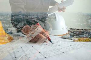 Double exposure between the work of an architect and city photo