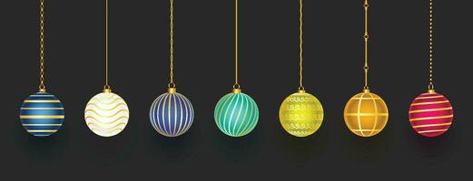 colorful shiny glowing Christmas balls. Xmas glass ball. Holiday decoration template. Vector illustration.