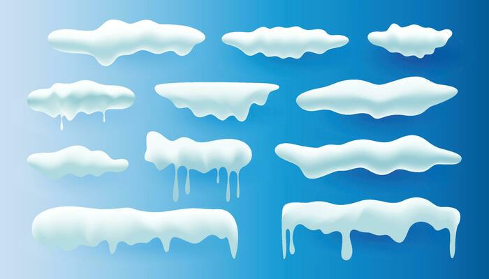 Snow 3d vector realistic set. Snowdrifts and icicles, winter. Christmas decorations