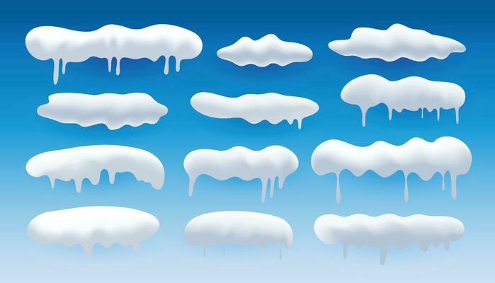 Snow 3d vector realistic set. Snowdrifts and icicles, winter. Christmas decorations