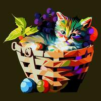Kitten in a fruit basket, drawn using WPAP art style, pop art, vector illustration.