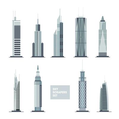 Skyscrapers set. City design elements. Flat architecture collection.