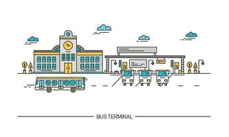 Line art bus terminal, station. Colorful illustration in flat style. vector