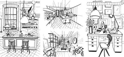 Modern rooms interiors in loft style. Set of hand drawn sketch illustration. vector