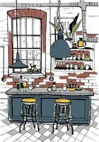 Modern cafe interior in loft style. Hand drawn colorful illustration. vector