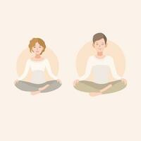 Young woman and man couple meditating in lotus pose. Relaxation, isolated people illustration. vector