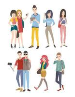 Set young people, guys and girls, communicating by phone and other gadgets. Colorful flat illustration. vector