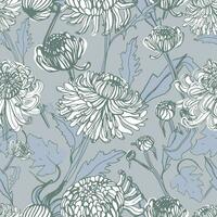 Japanese chrysanthemum hand drawn seamless pattern with buds, flowers, leaves. Vintage style illustration. vector