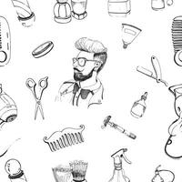 Hand drawn barbershop seamless pattern with accessories comb, razor, shaving brush, scissors, hairdryer, barber's pole and bottle spray. Outline vector pattern on white background.