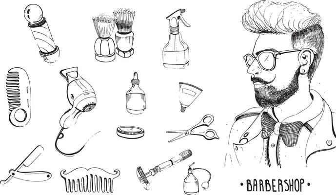 Hand drawn barbershop set. Collection accessories, comb, razor, shaving brush, scissors, hairdryer, barber's pole and bottle spray. Contour vector illustration on white background.