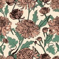 Japanese chrysanthemum hand drawn seamless pattern with buds, flowers, leaves. Vintage style illustration. vector