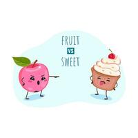 Image of an apple and a cupcake, concept of benefits of fruit and harms of sweets, fructose vs. sugar vector