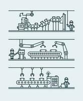 Line art conveyor system in flat style. Professional mechanism to produce new product with remote control. Outline illustration. vector