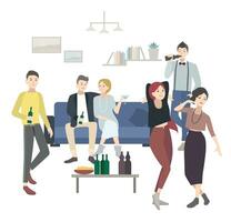 Home party with dancing, drinking people. Flat illustration. vector