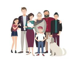 grande familia retrato. contento personas con parientes. vistoso plano ilustración. vector