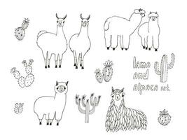 Cute Lama, Alpaca and cactuses set. Hand drawn vector illustration