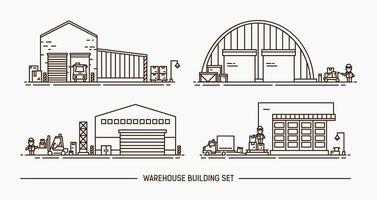 Set of warehouse buildings of different shape with freight transport. Lineart. Contour illustration. vector