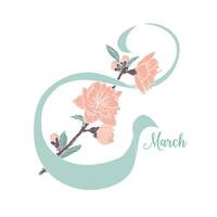 8 March greeting card. Women's Day design template with flowers and figure. vector