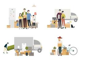 People moving into a new house with things. Set of images in flat style. vector