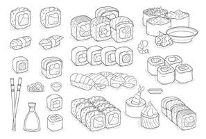 conjunto de Sushi, rollos, wasabi, soja salsa, jengibre, palillos. tradicional japonés Mariscos platos. mano dibujado elementos para menú diseño, vector contorno ilustración recopilación.