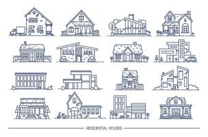 línea Arte residencial casa recopilación. conjunto de plano estilo. contorno vector ilustración.