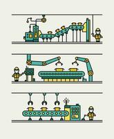 Line art conveyor system in flat style. Professional mechanism to produce new product with remote control. Outline colorful illustration. vector